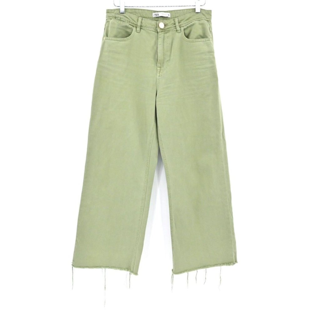 ZARA Womens Olive Green High Rise Wide Leg Distressed Edge Hem Jeans Sz 8